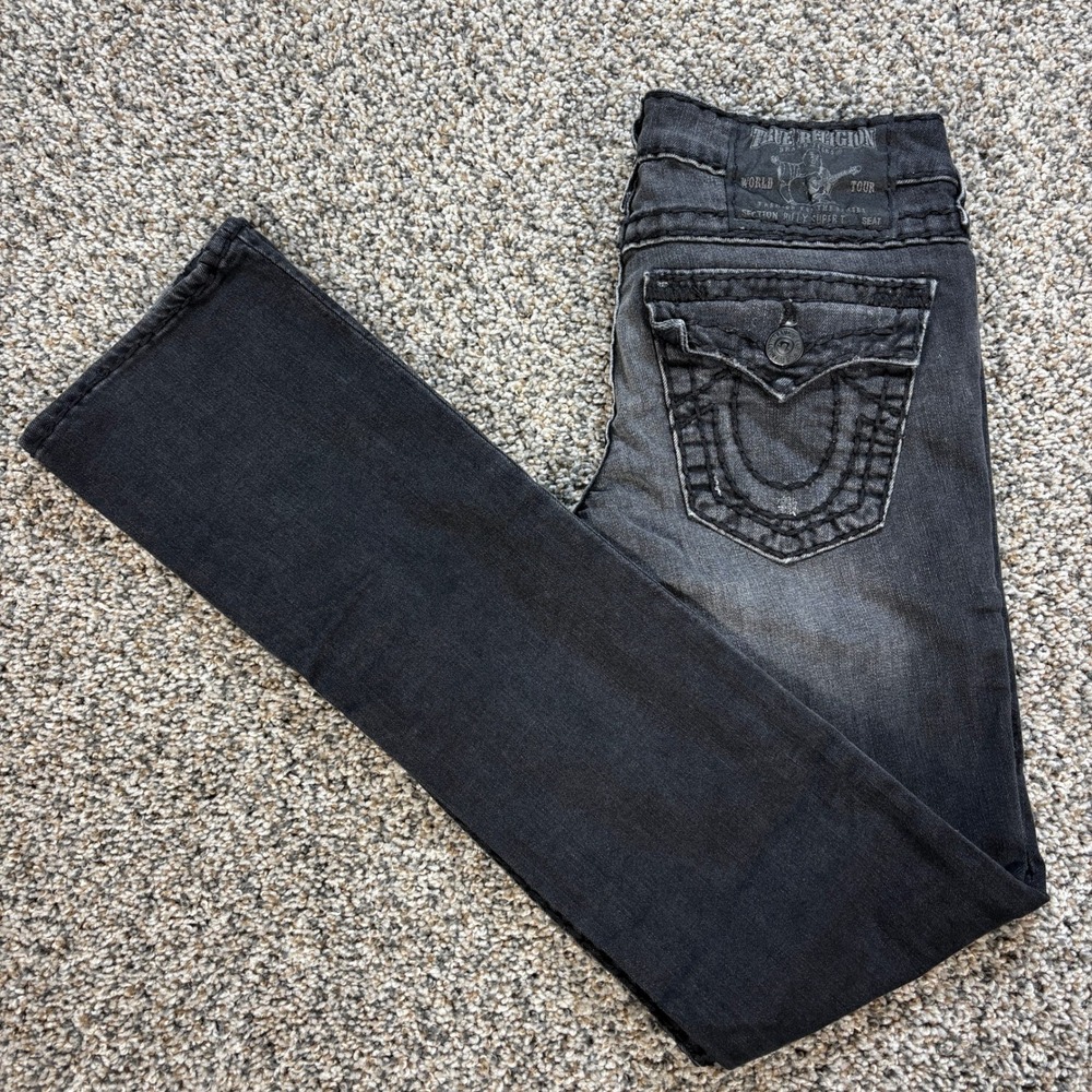 True Religion Billy Super T Women's 27x33 Straight Jeans Black Faded Made in USA